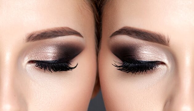 Close-up of mirrored eyes with dramatic dark eyeshadow and full eyelashes