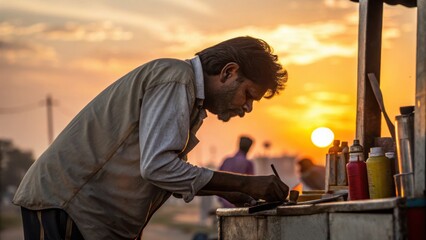 Fototapeta premium Focused indian street barber works carefully at his outdoor station during warm sunset with vibrant colors and soft light