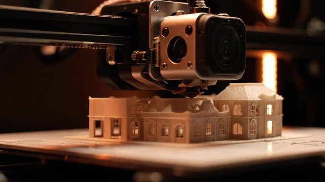 3D printer creating a model building. Technology, architecture, print, machine, create, design, modern.