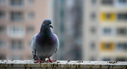 pigeon on a balcony, bird droppings urban pest problem, blurred city background © eliyashevskiy