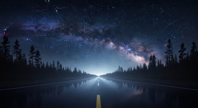 Misty night road with Milky Way galaxy and pine forest under starry sky