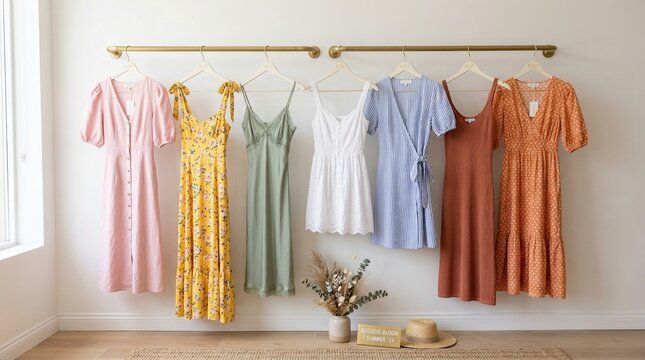 Simple wrap dress in small floral print hanging on a wooden hanger against cream wall