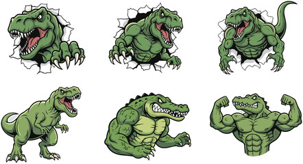 Aggressive Dinosaur Mascot Character Illustration Set with T Rex Monster Poses Roaring Expressions and Strong Cartoon Style for Gaming Branding Design © MD