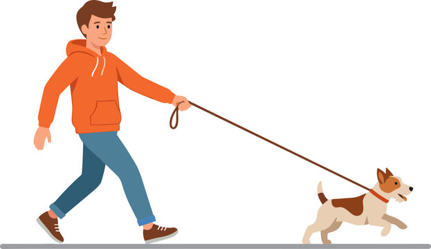 Man walking dog on leash in park outdoors.