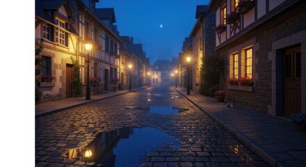 Fototapeta premium Charming cobblestone street at dusk with warm streetlights and reflections in rain