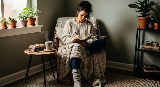Woman writing in journal by window with plants and coffee.