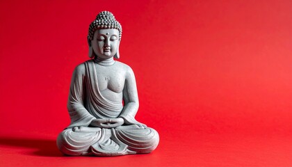 Obraz premium Zen Buddha Statue in Meditation Against a Vibrant Red Background - Symbol of Peace and Mindfulness