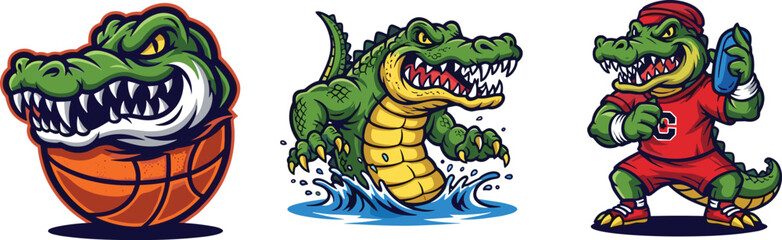 Obraz premium Crocodile Mascot Character Illustration Set with Sports Basketball Player and Aggressive Alligator Cartoon Designs for Team Branding and Gaming Logos