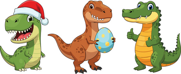 Cute Cartoon Dinosaur Character Illustration Set with T Rex Wearing Santa Hat Holding Egg and Friendly Reptile Poses for Kids Design © MD