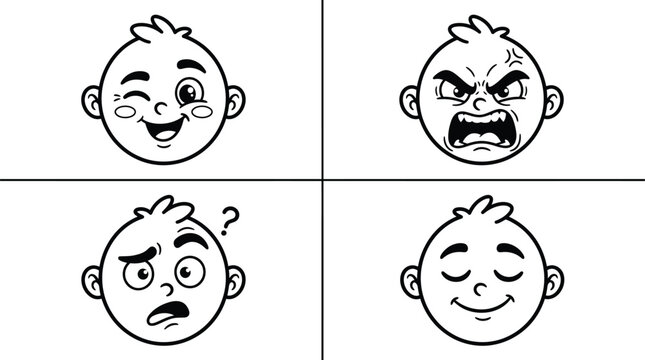 Cartoon expressive faces of babies show various emotions and reactions.