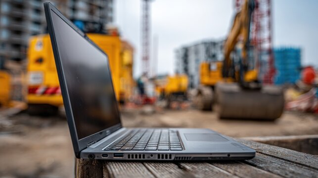 Laptop on construction site technology and development concept