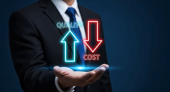 Businessman showing increase quality and decrease cost concept with neon arrows