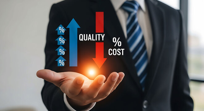 Businessman holding glowing icon showing quality increase and cost reduction
