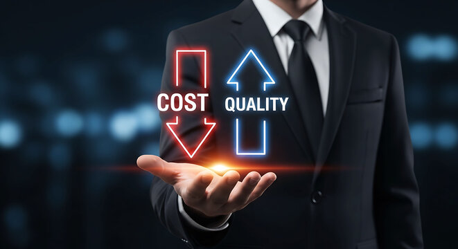 Businessman showing balance between reducing cost and increasing product quality