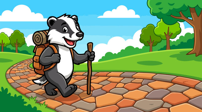Cartoon badger with backpack walking.