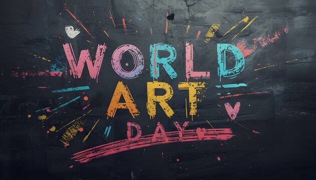 A colorful chalkboard with the words 'World Art Day' written in vibrant letters and surrounded by creative designs.