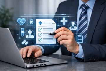 Fototapeta premium Digital medical form review with online health icons. Ai generative