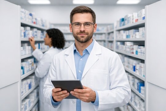 Pharmacist in modern pharmacy checking medicine on tablet. Ai generative