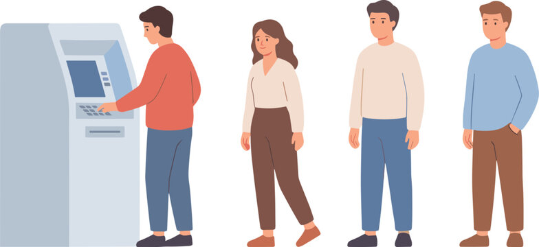 People standing in line at an ATM machine outdoors