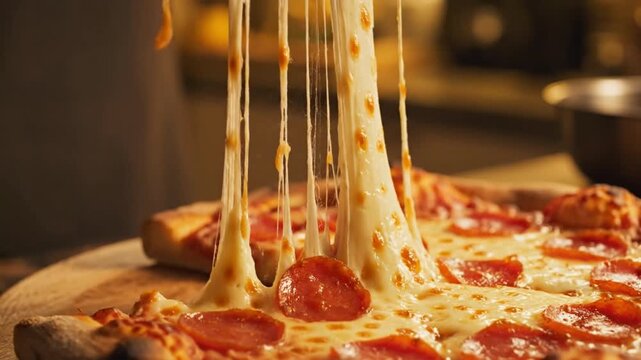 Delicious pepperoni pizza with incredibly stretchy melted cheese being served fresh and hot