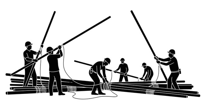Men working together to move large wooden logs using long poles in a coordinated effort