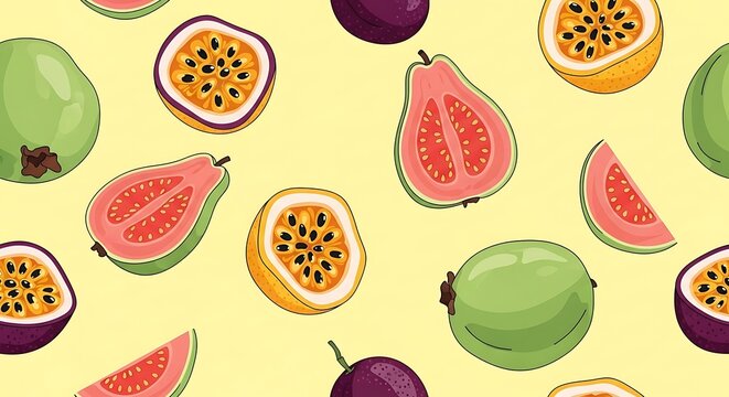 Colorful illustration of various tropical fruits on yellow background