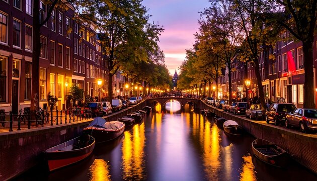 Amsterdam canal view, with boats docked along the canal, illuminated by streetlights under a twilight sky
