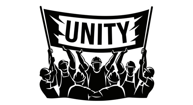 A group of people holding a banner that reads unity in a symbol of solidarity and cooperation.