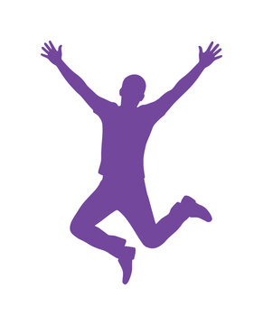 喜びと成功を表現する、両手を広げてジャンプする男性の紫色のシルエットベクターイラスト。活気あるエネルギーと自由な精神を伝える、シンプルで力強いグラフィックリソース。