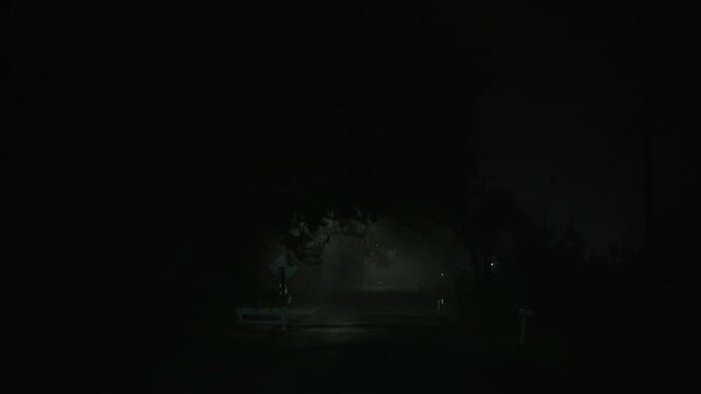 Moving forward along foggy street at night under street lamp creating dark cinematic atmosphere of quiet residential area with dense fog diffused light and low visibility