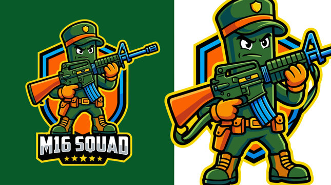 Cartoon soldier with rifle logo.