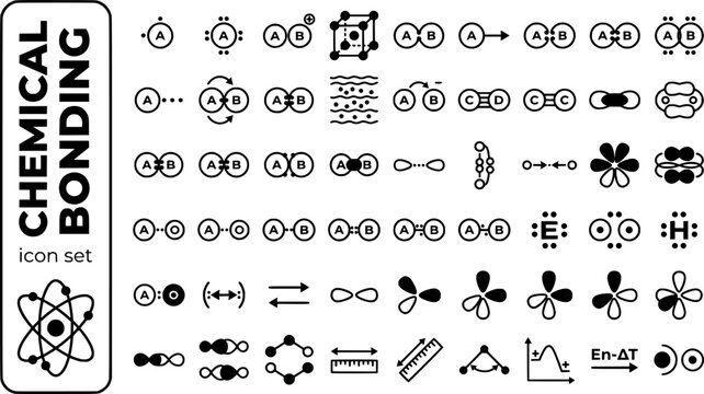 Chemical Bonding Bold Line Icons-Covalent Ionic Metallic Hydrogen Bond Van Der Waals Polar Sigma Pi Lewis Dot-20 Chemical Bonding Icon Set Vector - Bond Chemistry Icons