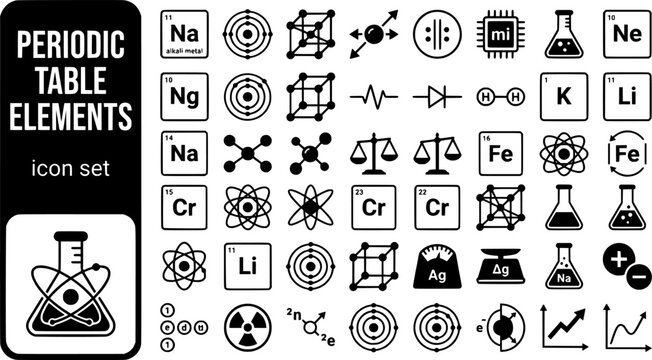 Periodic Table Elements Bold Line Icons-Alkali Metal Noble Gas Transition Metal Halogen Metalloid Atomic Weight Electron Config-25 Chemistry Icon Set Vector - Periodic Table Icons