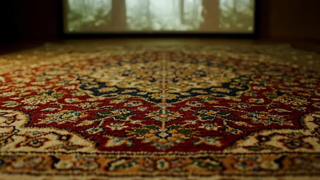 Close-up of patterned rug detail showing red, carpet texture and vintage design.
