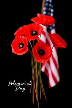 A vibrant display of red poppies set against an american flag for memorial day