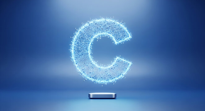 A luminous, sparkling letter 'C' emerges from a sleek pedestal against a gradient blue background, representing a digital or scientific concept.