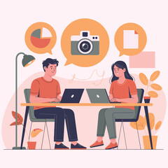 Fototapeta premium Two people collaborating on a project using laptops and creative tools