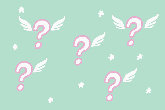 Question marks with wings and stars on mint green cartoon