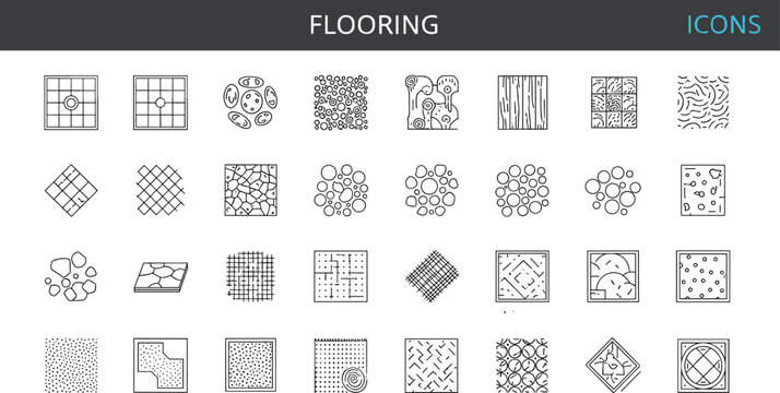 Flooring pattern icon set with tile layouts parquet wood marble mosaic geometric floor plan surface texture symbols