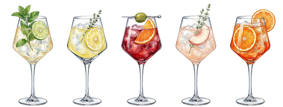 watercolor spritz cocktail illustrations with fruit and herb garnishes on a transparent background