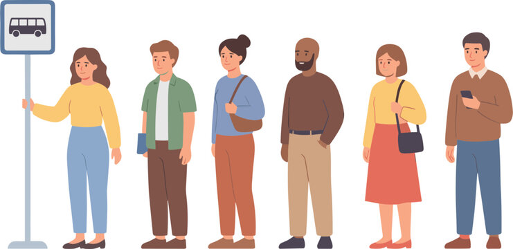 People wait in line at a bus stop with various passengers