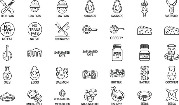 Healthy and unhealthy food nutrition icon set with fats cholesterol avocado salmon nuts butter omega oils diet symbols collection