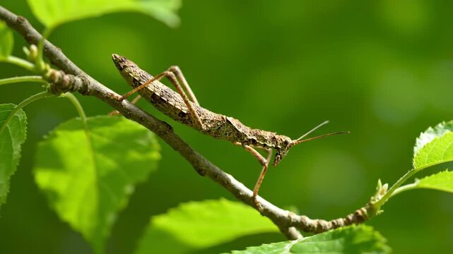 Close-up of a stick insect on branch with leaves in a green natural environment. Insect camouflage.