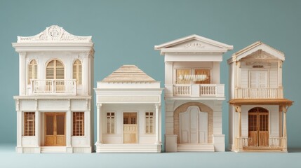Fototapeta premium An assortment of charming miniature architectural models of diverse building styles arranged neatly, showcasing intricate details and decorative elements.