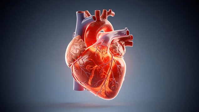 Close Up Medical Illustration of Human Heart with Circulatory Details