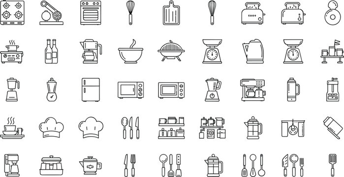 Kitchen appliances line icon set featuring cookware utensils toaster blender microwave coffee maker scales cooking tools outline vector collection