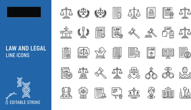 Law and legal line icons set with justice scales court gavel attorney judiciary editable stroke outline vector collection