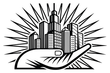 Naklejka premium Hand holding city skyline on white background