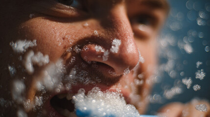Obraz premium A man is washing his face with water and soap