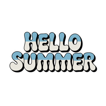 A colorful graphic illustration with the words 'Hello Summer' in a playful bubble font on a white background.
